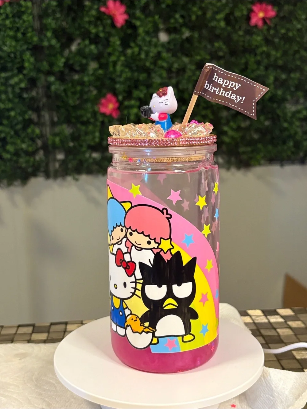 Hello Kitty Pink, Yellow & Blue Birthday Party Jar Topper